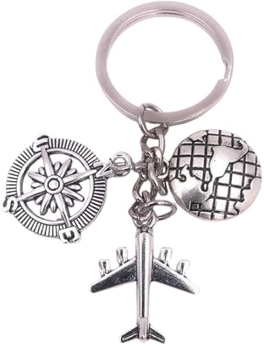 سلسلة مفاتيح معدنية على شكل طائرة وكرة أرضية، مثالية كهدية، فضية، مقاس واحد-B0G4JZ36X5