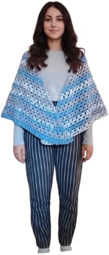 شال كروشيه صناعة يدوية - تصميم مميز مخطط باللونين الأزرق والرمادي العرض 150 والطول 84-B0G4RRBGNJ