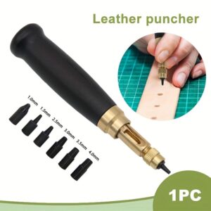 أداة ثقب الجلد قابلة للتعديل مع 6 رؤوس قابلة للتبديل،ثقب يدوية لأعمال الجلد، مقبض أسود
