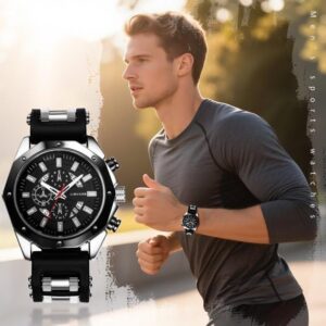 ساعة رياضية رجالية أنيقة من الفولاذ المقاوم للصدأ مع سوار سيليكون أسود - هدية