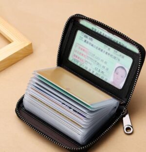 حافظة بطاقات صغيرة بسحاب - محفظة جلدية من البولي يوريثان بعشرة فتحات لبطاقات الهوية والائتمان والبطاقات الذكية، لون أسود-B0G4K48ZMH