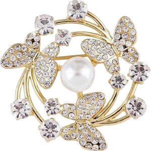 دبوس إكليل على شكل فراشة أنيق مع لمسات كريستال ولؤلؤ (قطعة واحدة)