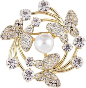 دبوس إكليل على شكل فراشة أنيق مع لمسات كريستال ولؤلؤ (قطعة واحدة)