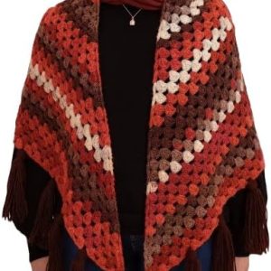 شال كروشيه أنيق مصنوع يدوياً | شال دافئ للخريف والشتاء. اللون: بني مع لمسات من اللون الأحمر والعاجي. العرض: 180 سم، الطول: 90 سم-B0G4MY64L9