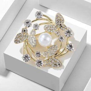 دبوس إكليل على شكل فراشة أنيق مع لمسات كريستال ولؤلؤ (قطعة واحدة)