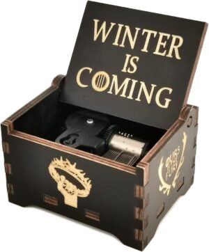 صندوق موسيقي خشبي محفور عليه شعار مسلسل صراع العروش، هدية موسيقية