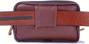 جراب هاتف جلدي رجالي، حقيبة خصر بنية اللون تُحمل على الحزام مع جيوب متعددة،