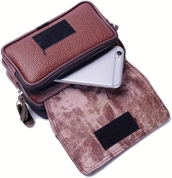 جراب هاتف جلدي رجالي، حقيبة خصر بنية اللون