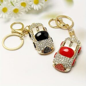 سلسلة مفاتيح فاخرة على شكل سيارة مرصعة بأحجار الراين، لون ذهبي مع لمسات سوداء،