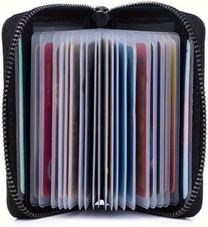 حافظة بطاقات صغيرة بسحاب - محفظة جلدية من البولي يوريثان بعشرة فتحات لبطاقات الهوية والائتمان والبطاقات الذكية، لون أسود-B0G4K48ZMH