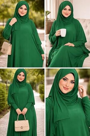 عباية صلاة خضراء (إسدال)  للنساء مع حجاب مطابق  تصميم محتشم وفضفاض، ناعمة ومريحة، مقاس واحد، قطعة واحدة متصلة