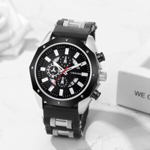 ساعة رياضية رجالية أنيقة من الفولاذ المقاوم للصدأ مع سوار سيليكون أسود - هدية