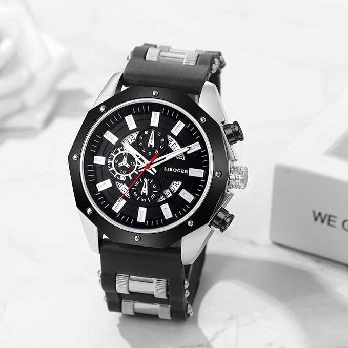 ساعة رياضية رجالية أنيقة من الفولاذ المقاوم للصدأ مع سوار سيليكون أسود - هدية 2 ساعة رياضية رجالية أنيقة
