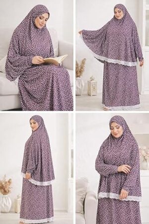 طقم خمار وتنورة صلاة نسائي - قطن وليكرا مريح وخفيف الوزن - مناسب للصلاة، مقاس واحد