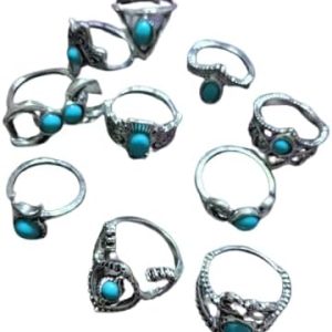 مجموعة خواتم بوهيمية عتيقة متراصة، مصنوعة من سبيكة فضية، 10 قطع، بتصاميم هندسية متنوعة مع أحجار فيروزية، مقاس 15-19 مم، ألوان متنوعة