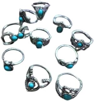 مجموعة خواتم بوهيمية عتيقة متراصة، مصنوعة من سبيكة فضية، 10 قطع، بتصاميم هندسية متنوعة مع أحجار فيروزية، مقاس 15-19 مم، ألوان متنوعة