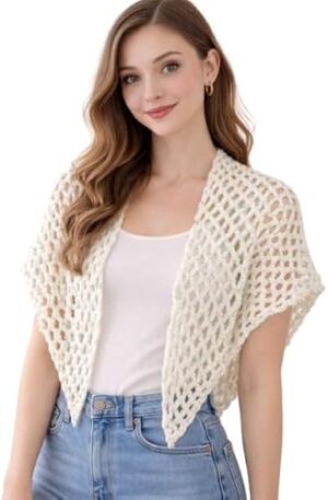 شال كروشيه نسائي (قطعة واحدة) - وشاح كتف مفتوح محبوك متعدد الألوان بنقاط (130 × 65 سم)