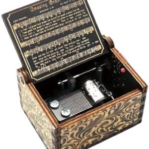 صندوق موسيقي يدوي، صندوق موسيقي خشبي "أمايزينج جريس" مع كلمات محفورة، تصميم كلاسيكي، خشب بني، 6.3 × 5 × 3.8 سم، لا يحتاج إلى بطارية