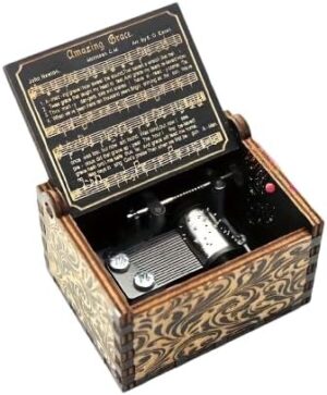 صندوق موسيقي يدوي، صندوق موسيقي خشبي "أمايزينج جريس" مع كلمات محفورة، تصميم كلاسيكي، خشب بني، 6.3 × 5 × 3.8 سم، لا يحتاج إلى بطارية