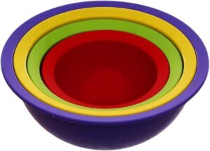 (4 قطع) طقم من 4 أوعية خلط متداخلة ملونة - أوعية مطبخ متعددة الاستخدامات قابلة للتكديس للتحضير والسلطة والوجبات الخفيفة - تصميم متين وموفر للمساحة - بنفسجي، أصفر، أخضر، وأحمر