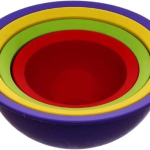 (4 قطع) طقم من 4 أوعية خلط متداخلة ملونة - أوعية مطبخ متعددة الاستخدامات قابلة للتكديس للتحضير والسلطة والوجبات الخفيفة - تصميم متين وموفر للمساحة - بنفسجي، أصفر، أخضر، وأحمر