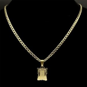 قلادة من الفولاذ المقاوم للصدأ مزينة بقلادة من الخط العربي، وسلسلة ذهبية، ومجوهرات إسلامية للجنسين، بتصميم هندسي مستوحى من الطراز الفرنسي، ولمسة نهائية مصقولة