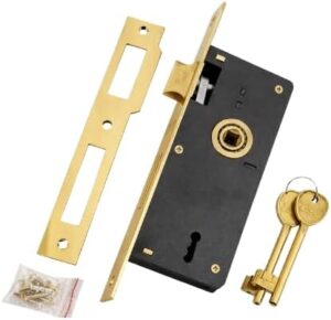 طقم قفل باب نقر شديد التحمل (قطعة واحدة) - تشطيب نحاسي جسم القفل كامل مع المفاتيح ولوحة الإغلاق.