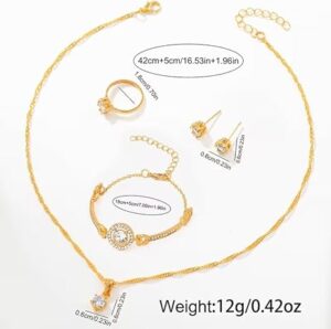 طقم ساعة ومجوهرات نسائية من الكوارتز الذهبي، مرصع بالكريستال، مينا بأرقام رومانية، يشمل سوارًا وقلادة وأقراطًا وخاتمًا، طقم من 6 قطع - بدون علبة