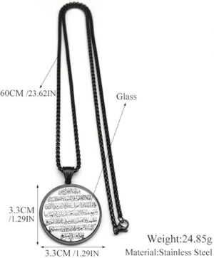 قلادة دائرية من الفولاذ المقاوم للصدأ مزينة بالخط العربي الإسلامي، مع قلادة زجاجية وسلسلة صندوقية، طولها 60 سم، مجوهرات دينية للرجال والنساء