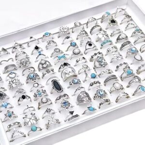 مجموعة خواتم بوهيمية عتيقة متراصة، مصنوعة من سبيكة فضية، 10 قطع، بتصاميم هندسية متنوعة مع أحجار فيروزية، مقاس 15-19 مم، ألوان متنوعة