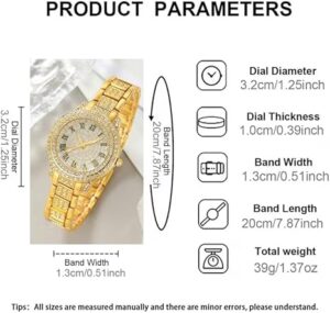 طقم ساعة ومجوهرات نسائية من الكوارتز الذهبي، مرصع بالكريستال، مينا بأرقام رومانية، يشمل سوارًا وقلادة وأقراطًا وخاتمًا، طقم من 6 قطع - بدون علبة