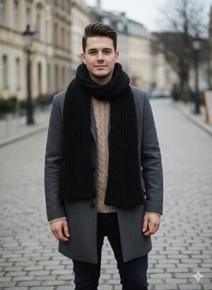 وشاح شتوي طويل كلاسيكي للرجال والنساء - وشاح حراري محبوك مضلع فاخر - ناعم ودافئ - أسود سادة، الطول 230 سم، العرض 12 سم
