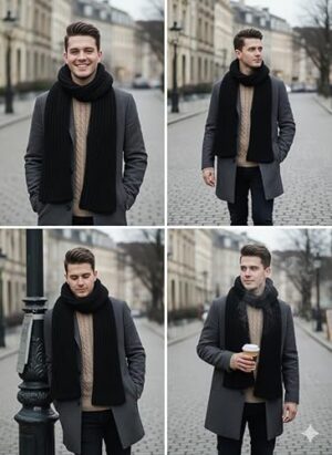 وشاح شتوي طويل كلاسيكي للرجال والنساء - وشاح حراري محبوك مضلع فاخر - ناعم ودافئ - أسود سادة، الطول 230 سم، العرض 12 سم