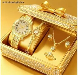 طقم ساعة ومجوهرات نسائية من الكوارتز الذهبي، مرصع بالكريستال، مينا بأرقام رومانية، يشمل سوارًا وقلادة وأقراطًا وخاتمًا، طقم من 6 قطع - بدون علبة