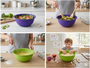 (4 قطع) طقم من 4 أوعية خلط متداخلة ملونة - أوعية مطبخ متعددة الاستخدامات قابلة للتكديس للتحضير والسلطة والوجبات الخفيفة - تصميم متين وموفر للمساحة - بنفسجي، أصفر، أخضر، وأحمر