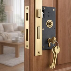 61Cx6edGkJL._AC_SL1500_ طقم قفل باب نقر شديد التحمل (قطعة واحدة) - تشطيب نحاسي جسم القفل كامل مع المفاتيح ولوحة الإغلاق.