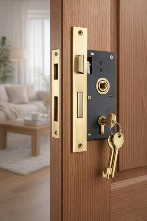 طقم قفل باب نقر شديد التحمل (قطعة واحدة) - تشطيب نحاسي جسم القفل كامل مع المفاتيح ولوحة الإغلاق.