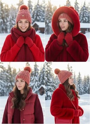 قبعة شتوية نسائية - حياكة كابل أنيقة مع زينة خرز وكرة من الفرو الصناعي - قبعة مريحة وأنيقة ودافئة