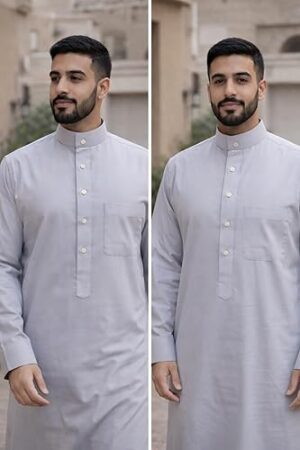 ثوب رجالي رمادي أنيق وكلاسيكي، مثالي للارتداء اليومي والصلاة