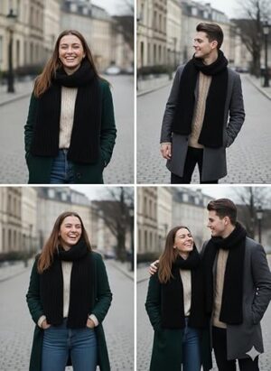 وشاح شتوي طويل كلاسيكي للرجال والنساء - وشاح حراري محبوك مضلع فاخر - ناعم ودافئ - أسود سادة، الطول 230 سم، العرض 12 سم