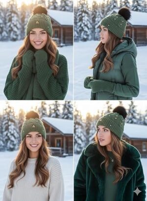 قبعة شتوية نسائية - حياكة كابل أنيقة مع زينة خرز وكرة من الفرو الصناعي - قبعة مريحة وأنيقة ودافئة