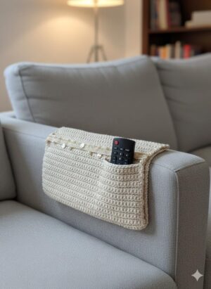 منظم مسند ذراع أريكة كروشيه يدوي فاخر - حامل أنيق لجهاز التحكم عن بعد مزين باللؤلؤ - غطاء مسند ذراع أريكة مزخرف وحامل لغرفة المعيشة، مقاس 40 × 34