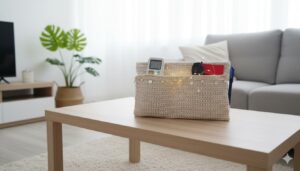 منظم مسند ذراع أريكة كروشيه يدوي فاخر - حامل أنيق لجهاز التحكم عن بعد مزين باللؤلؤ - غطاء مسند ذراع أريكة مزخرف وحامل لغرفة المعيشة، مقاس 40 × 34