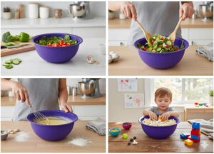 (4 قطع) طقم من 4 أوعية خلط متداخلة ملونة - أوعية مطبخ متعددة الاستخدامات قابلة للتكديس للتحضير والسلطة والوجبات الخفيفة - تصميم متين وموفر للمساحة - بنفسجي، أصفر، أخضر، وأحمر