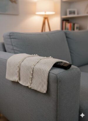 منظم مسند ذراع أريكة كروشيه يدوي فاخر - حامل أنيق لجهاز التحكم عن بعد مزين باللؤلؤ - غطاء مسند ذراع أريكة مزخرف وحامل لغرفة المعيشة، مقاس 40 × 34