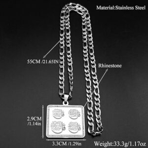 قلادة مربعة الشكل تحمل ميدالية قرآنية إسلامية، باللونين الذهبي والفضي، مرصعة بأحجار الراين،