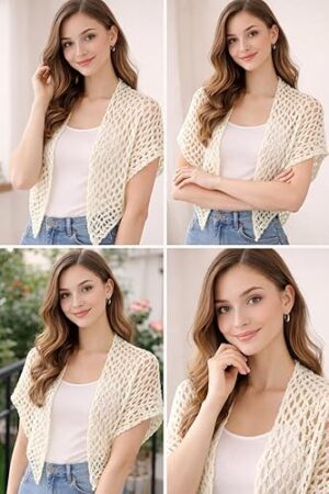 شال كروشيه نسائي (قطعة واحدة) - وشاح كتف مفتوح محبوك متعدد الألوان بنقاط (130 × 65 سم)