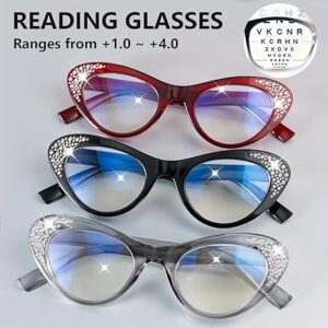 نظارات قراءة بتصميم عين القطة مرصعة بأحجار الراين، تكبير من +1.0 إلى +4.0، حجب الضوء الأزرق، نظارات أنيقة للنساء والرجال، إطار أسود - اختر مقاسك