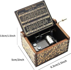 صندوق موسيقي يدوي، صندوق موسيقي خشبي "أمايزينج جريس" مع كلمات محفورة، تصميم كلاسيكي، خشب بني، 6.3 × 5 × 3.8 سم، لا يحتاج إلى بطارية