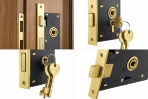 طقم قفل باب نقر شديد التحمل (قطعة واحدة) - تشطيب نحاسي جسم القفل كامل مع المفاتيح ولوحة الإغلاق.